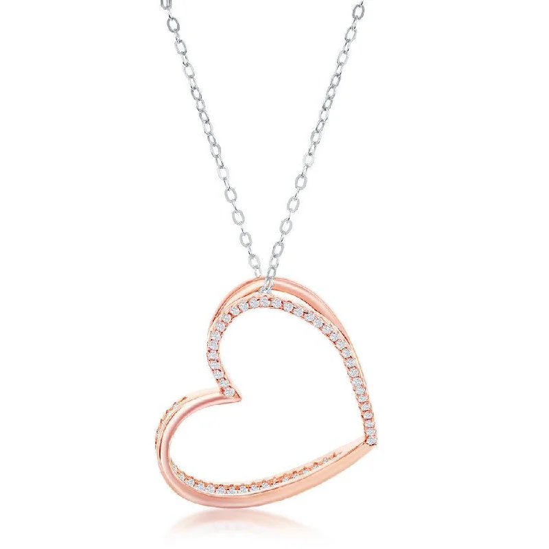 Sterling Silver 3D Heart with Half Micro Pave CZ Necklace