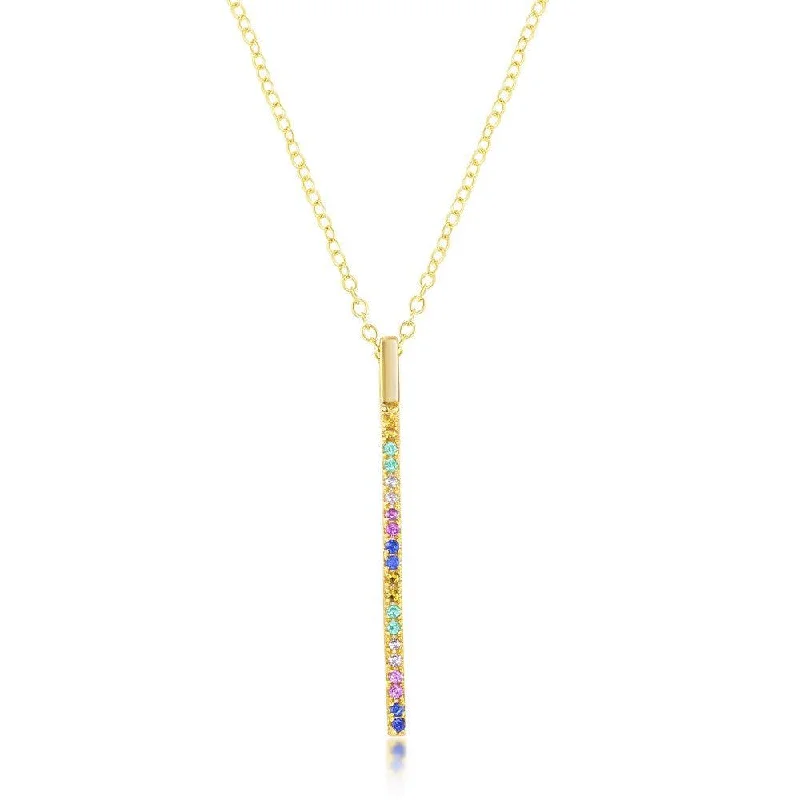 Sterling Silver Gold Plated Rainbow CZ Vertical Bar Necklace