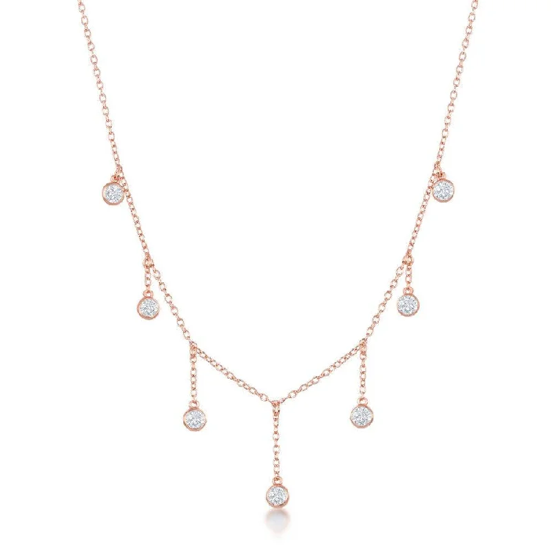 Sterling Silver Rose GP Dangling Bezel-Set CZ's Necklace