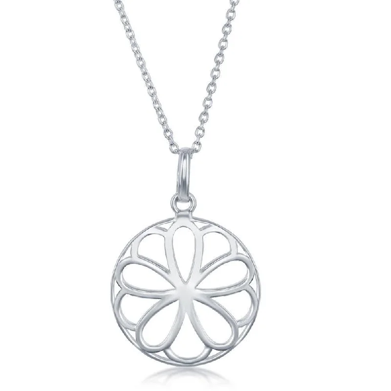 Sterling Silver 17 Inch Round With Flower Necklace