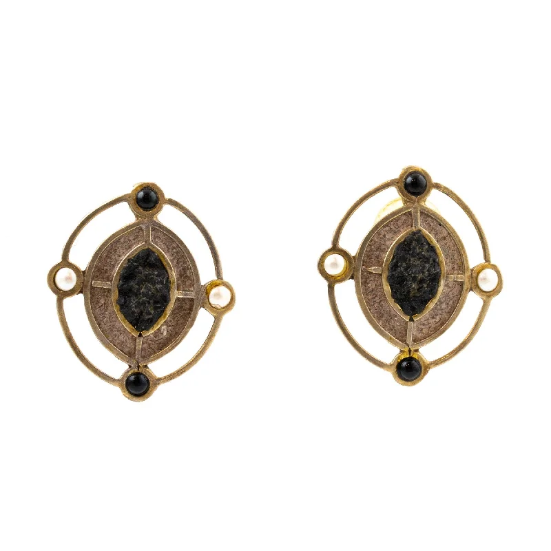 Brass Black Stone & Pearl Earrings