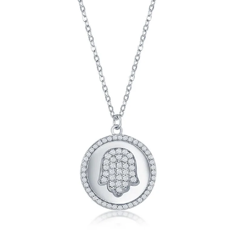 Sterling Silver Hamsa Micro Pave CZ Disc Necklace