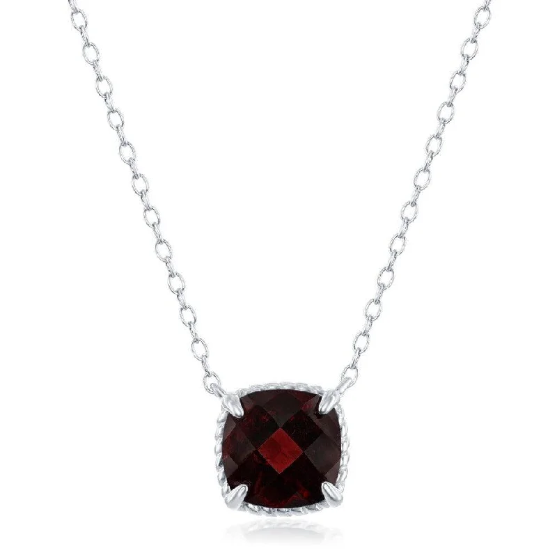 Sterling Silver Four-Prong Square Garnet with Rope Design Border Necklace