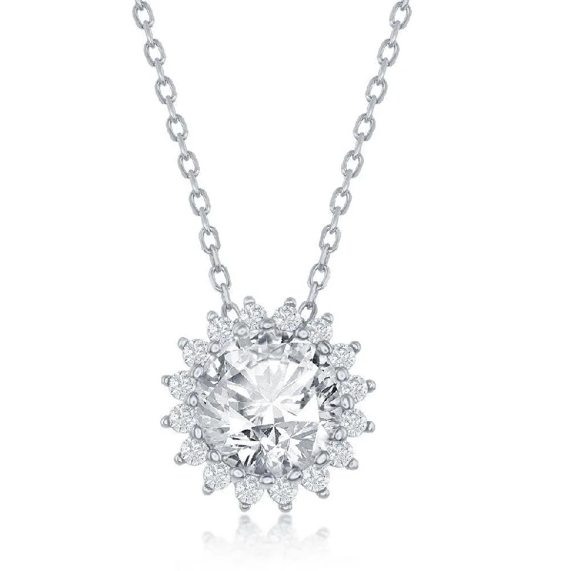 Sterling Silver Round Halo Flower Cubic Zirconia Necklace