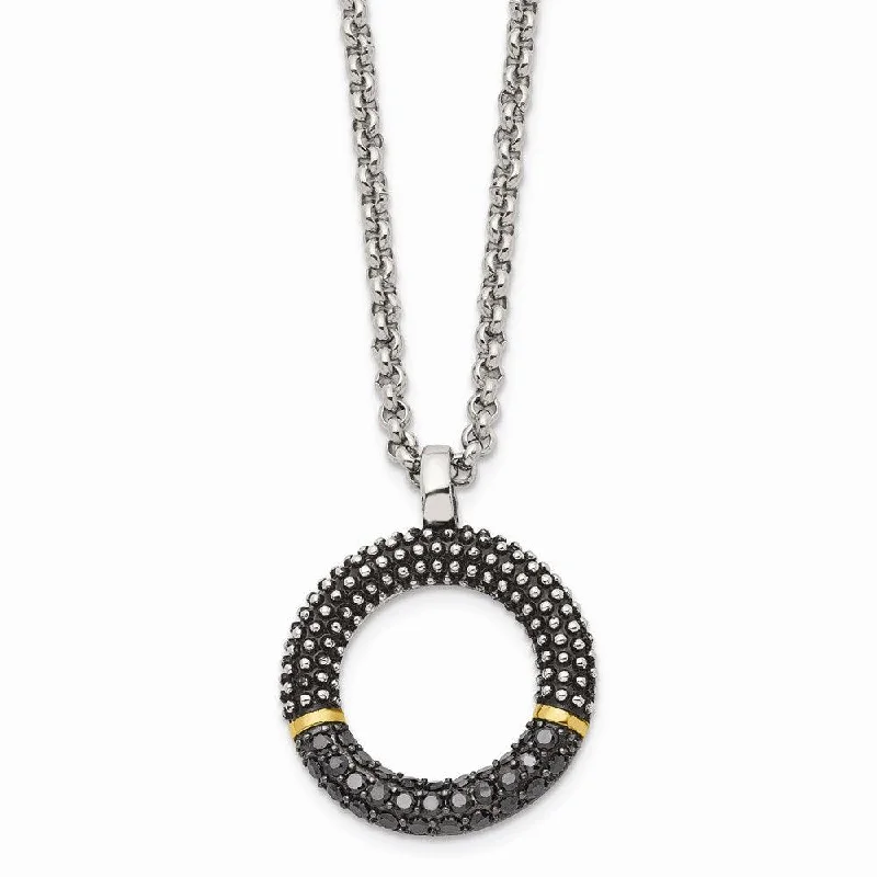 Stainless Steel Black CZ with Yellow IP-plated Antiqued Circle Necklace