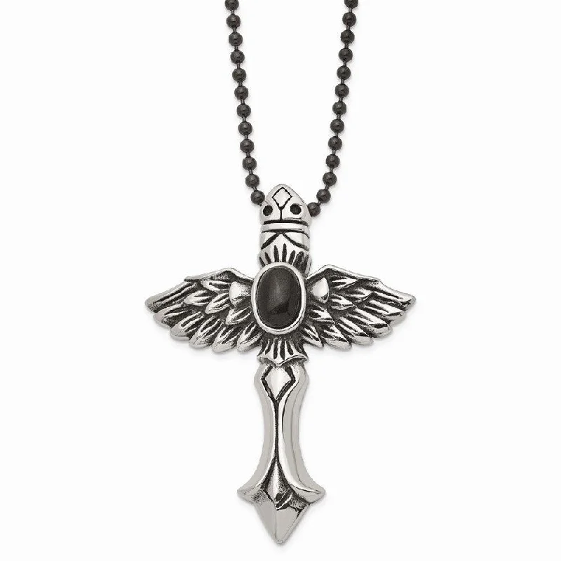 Stainless Steel Antiqued Cross w/Wings & Black Stone 24in Necklace