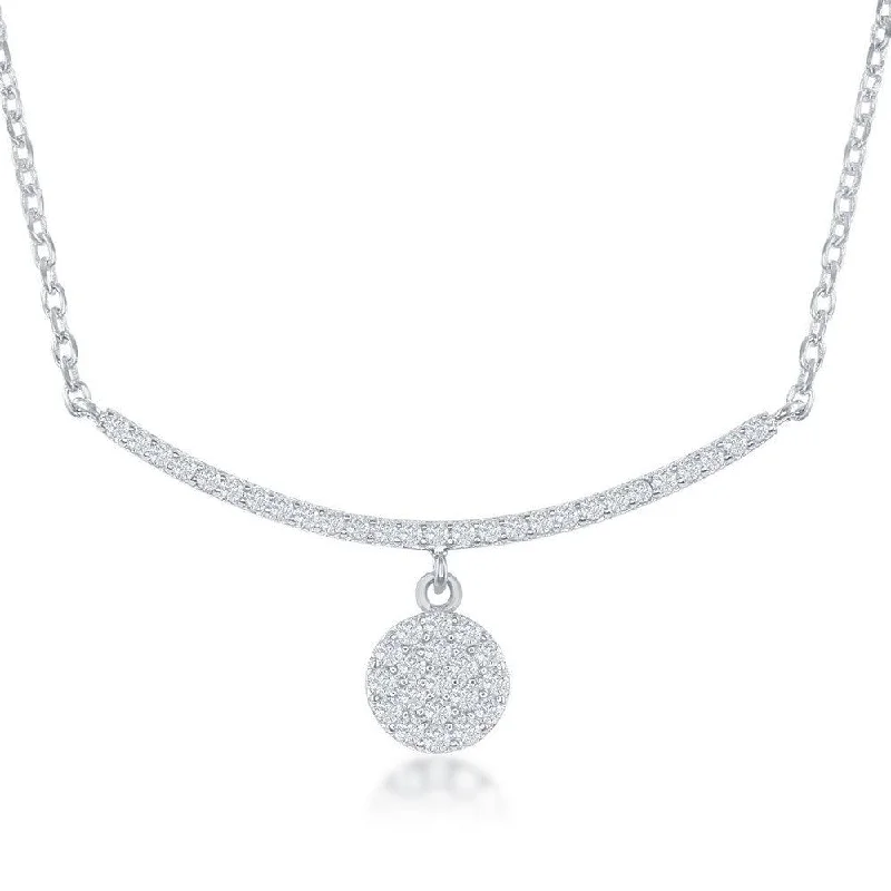 Sterling Silver CZ Curved Bar with Dangling Disc Necklace