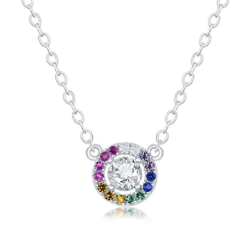 Sterling Silver White and Rainbow CZ Border Circle Necklace