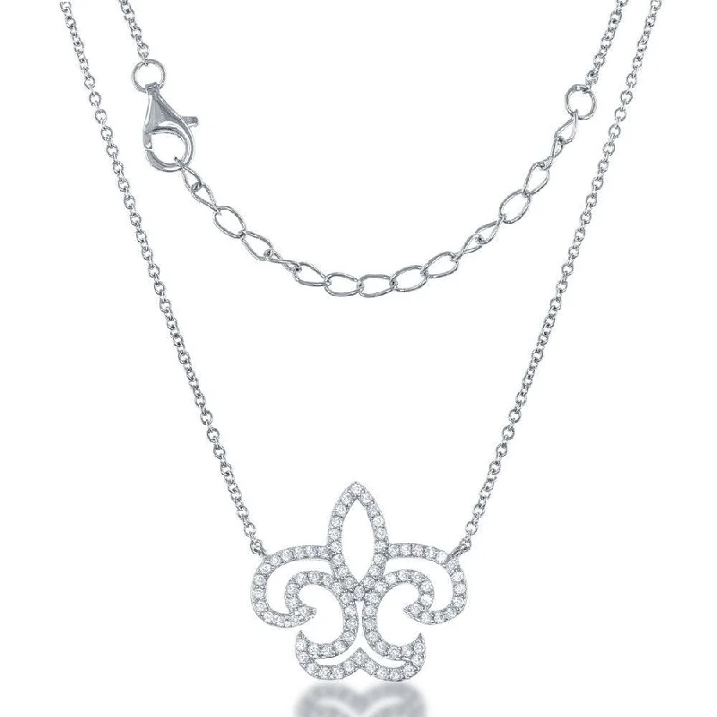 Sterling Silver Open CZ Fleur De Lis Necklace