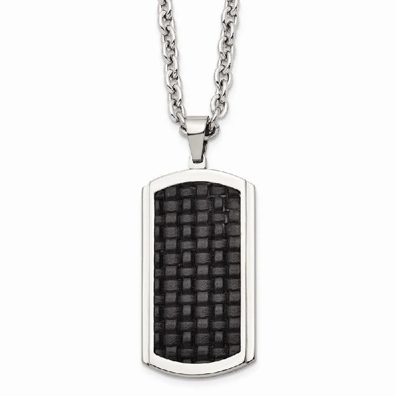 Stainless Steel Polished Leather Inlay Dog Tag Necklace