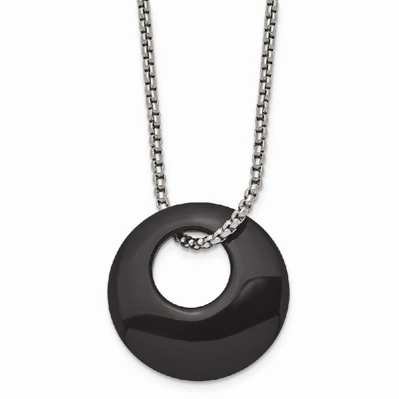 Stainless Steel Black Onyx Large Circular Polished Necklace