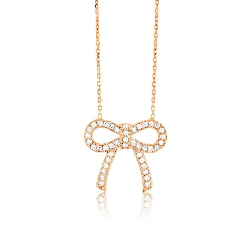 Sterling Silver Rose Gold Plated CZ Bow Necklace