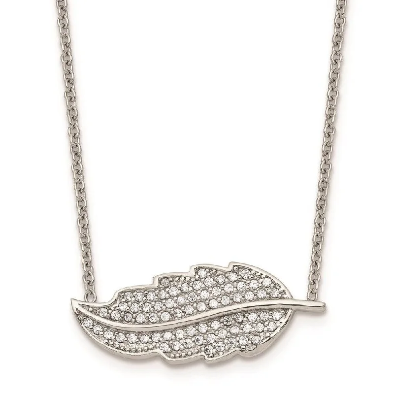 Stainless Steel Polished Leaf with CZs Necklace