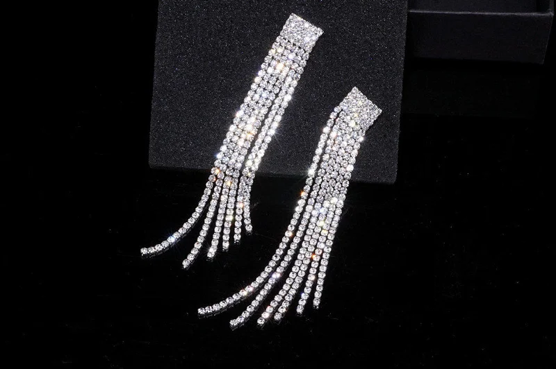 Rhinestone Earrings Long Tassel JS-023