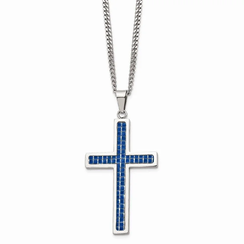 Stainless Steel Blue Carbon Fiber Inlay Polished Large Cross Necklace