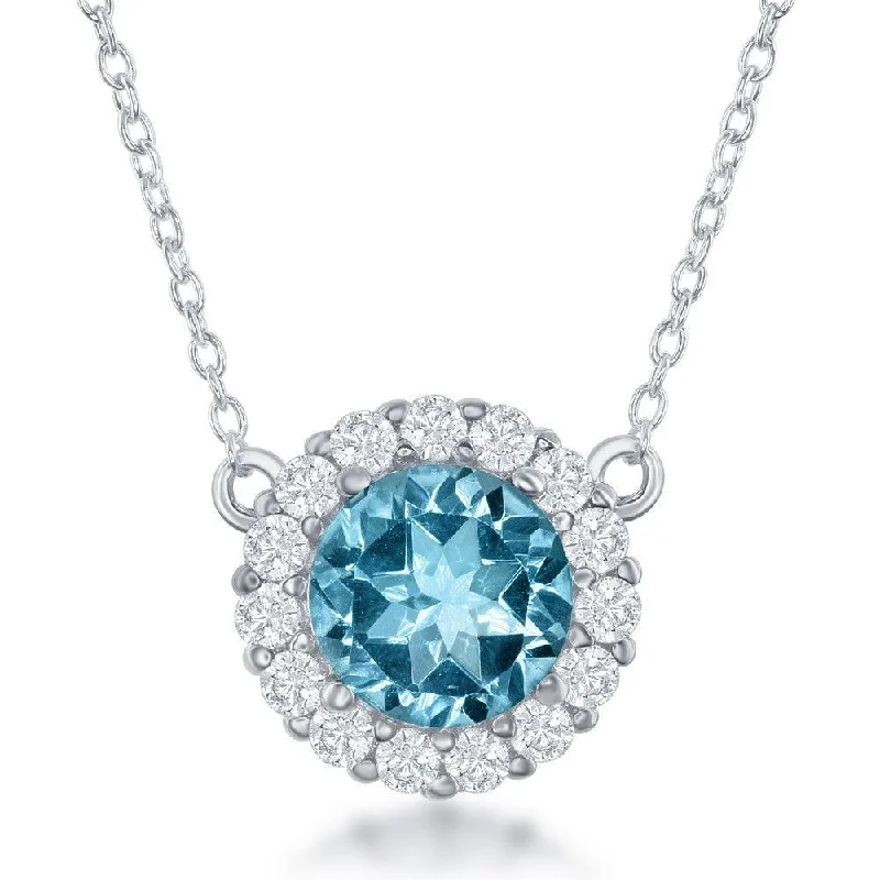 Sterling Silver Round Center Blue Topaz with White Topaz Border Necklace