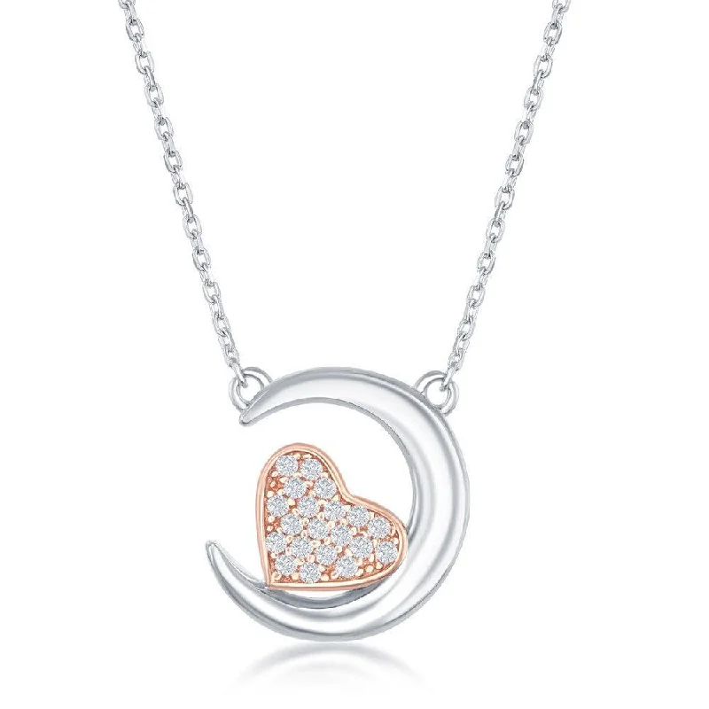 Sterling Silver Crescent Moon with Rose GP CZ Heart Necklace