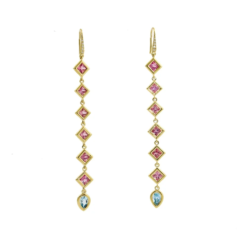 Malinda Peach Sapphire x Aquamarine Drop Earrings