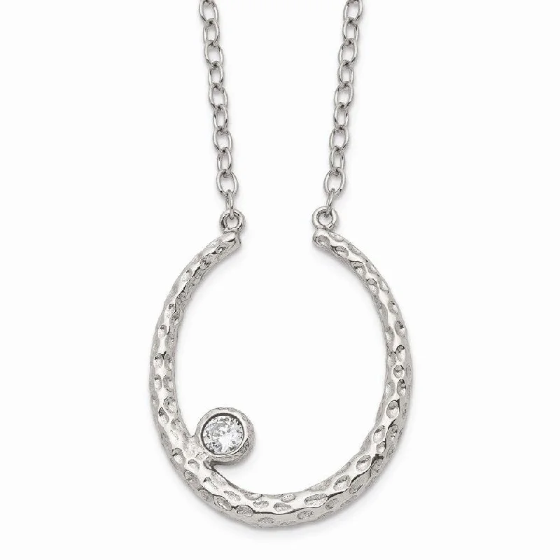 Stainless Steel Polished and Textured CZ w/2in ext. Necklace