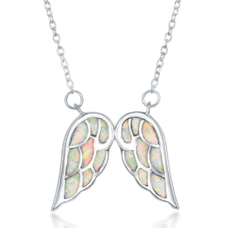 Sterling Silver White Inlay Opal Angel Wings Necklace