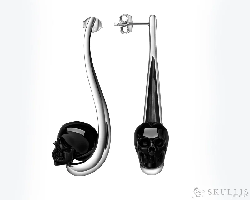 Gem Skull Earrings of Black Obsidian Carved Skull in 925 Sterling Silver