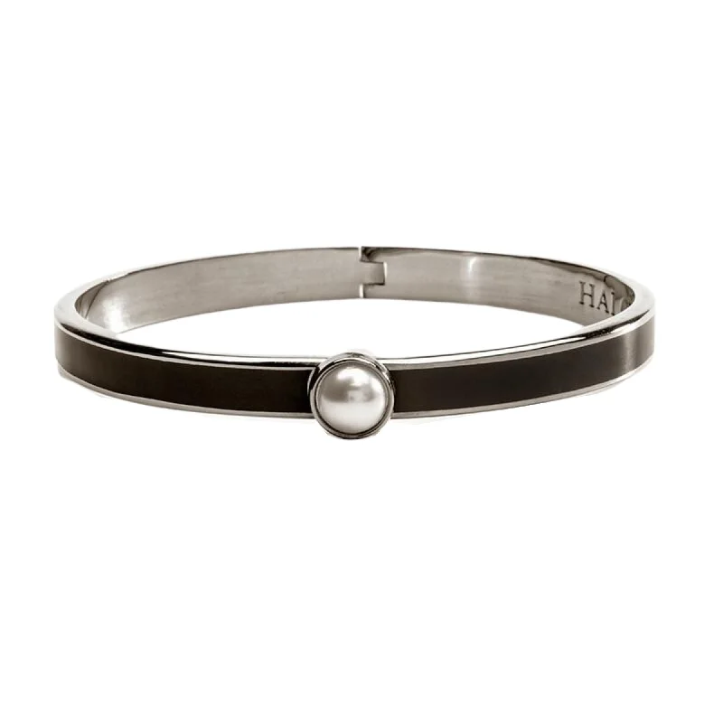 Halcyon Days Palladium Black Hinged Bangle Bracelet with Pearl