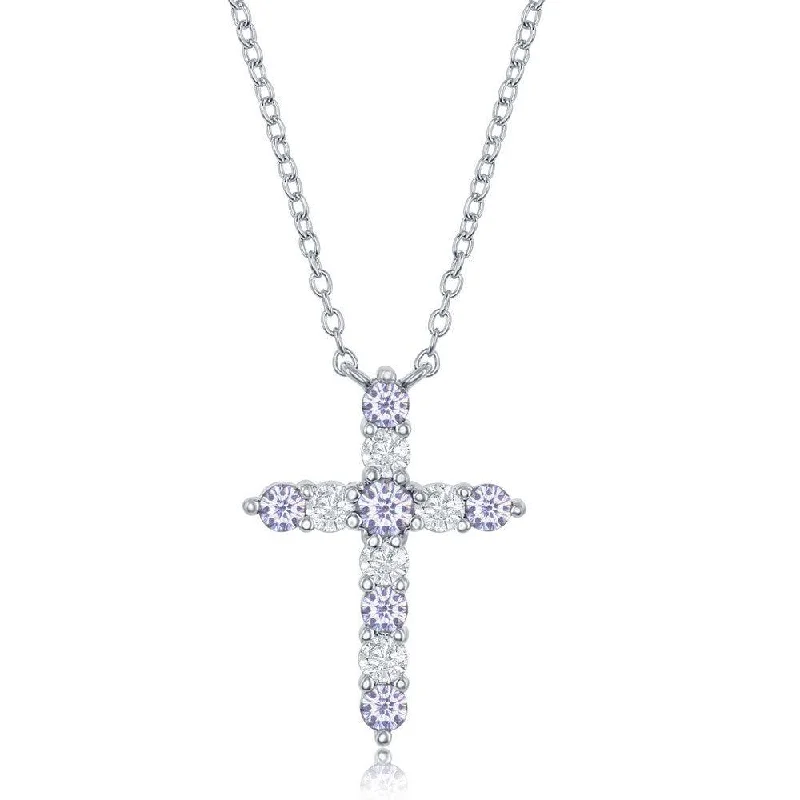 Sterling Silver Lavender CZ June Birthstone Cross Necklace