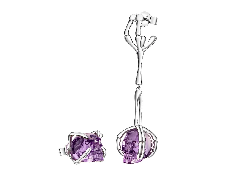 Gem Skull Earrings of Amethyst Carved Skull in 925 Sterling Silver