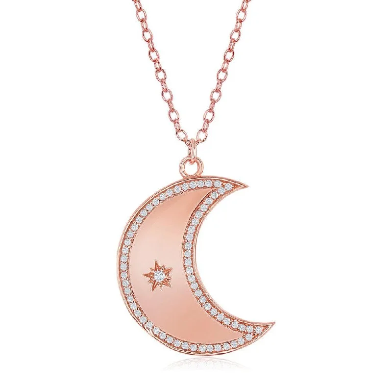 Sterling Silver Moon with CZ Border and Center Star Necklace