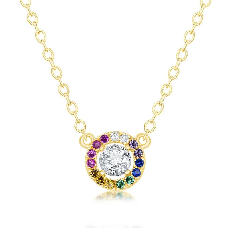 Sterling Silver Center White CZ with Rainbow CZ Necklace