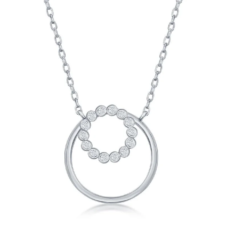 Sterling Silver Bezel-Set CZ with Plain Open Circle Necklace