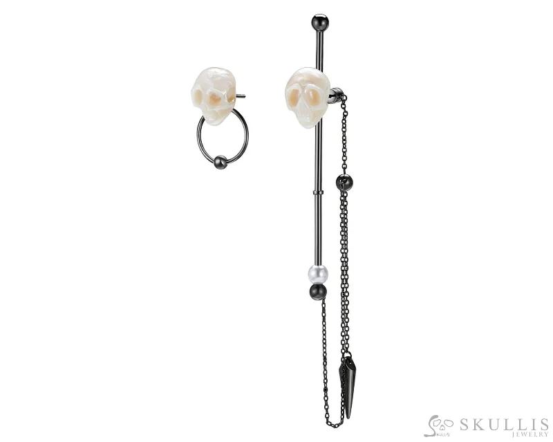 Gem Skull Earrings of Pearl Carved Skull in Black-Tone 925 Sterling Silver