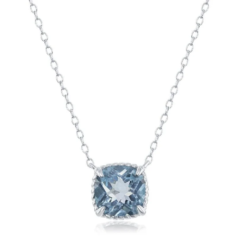 Sterling Silver Four-Prong Square Blue Topaz with Rope Design Border Necklace