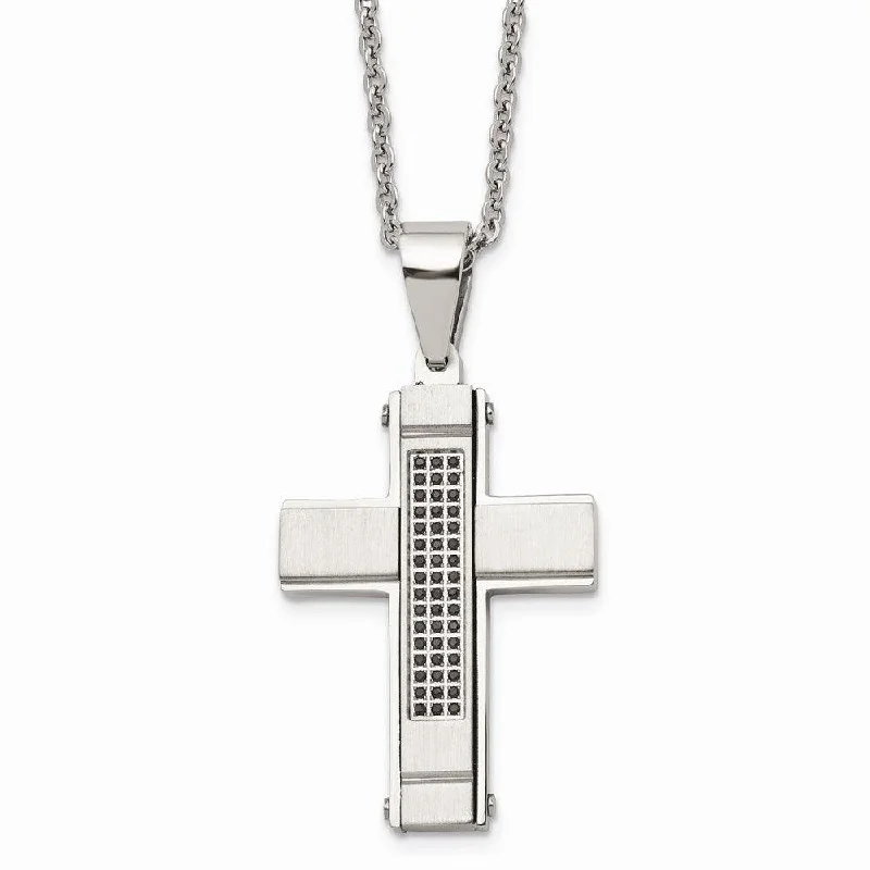 Stainless Steel Brushed and Polished w/ Black CZ Cross Necklace