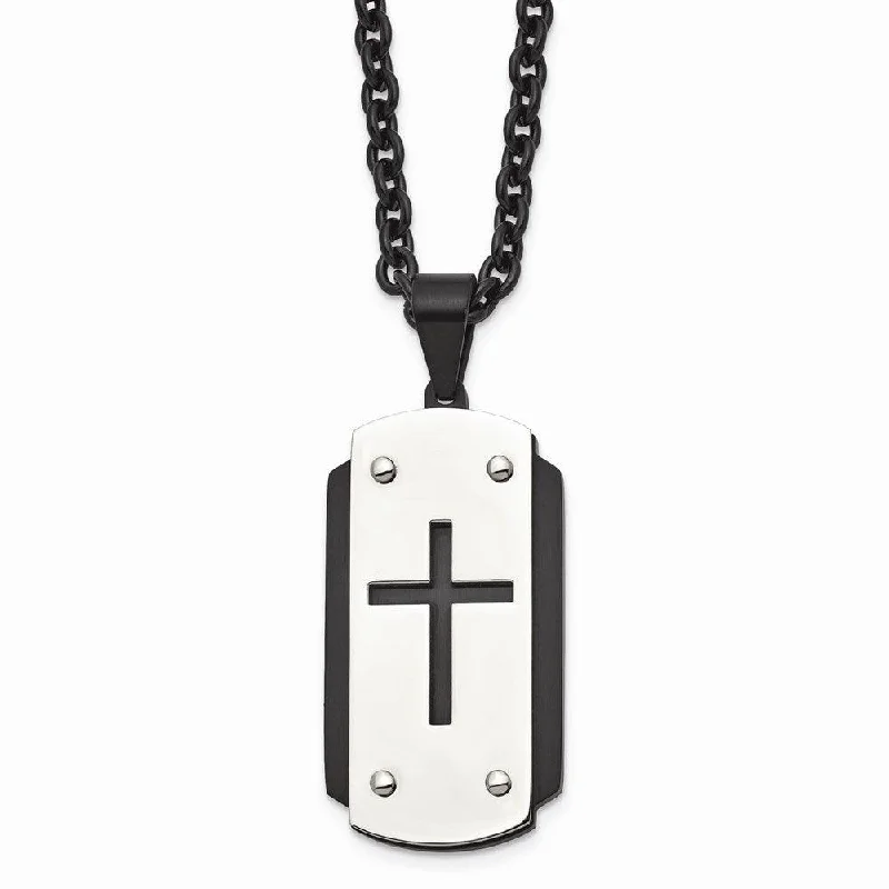 Stainless Steel Brushed Polished Black IP-plated Dog Tag Necklace