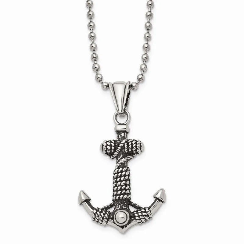 Stainless Steel Polished and Antiqued Anchor Necklace