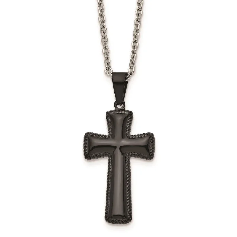 Stainless Steel Polished Black IP-plated Medium Pillow Cross Necklace