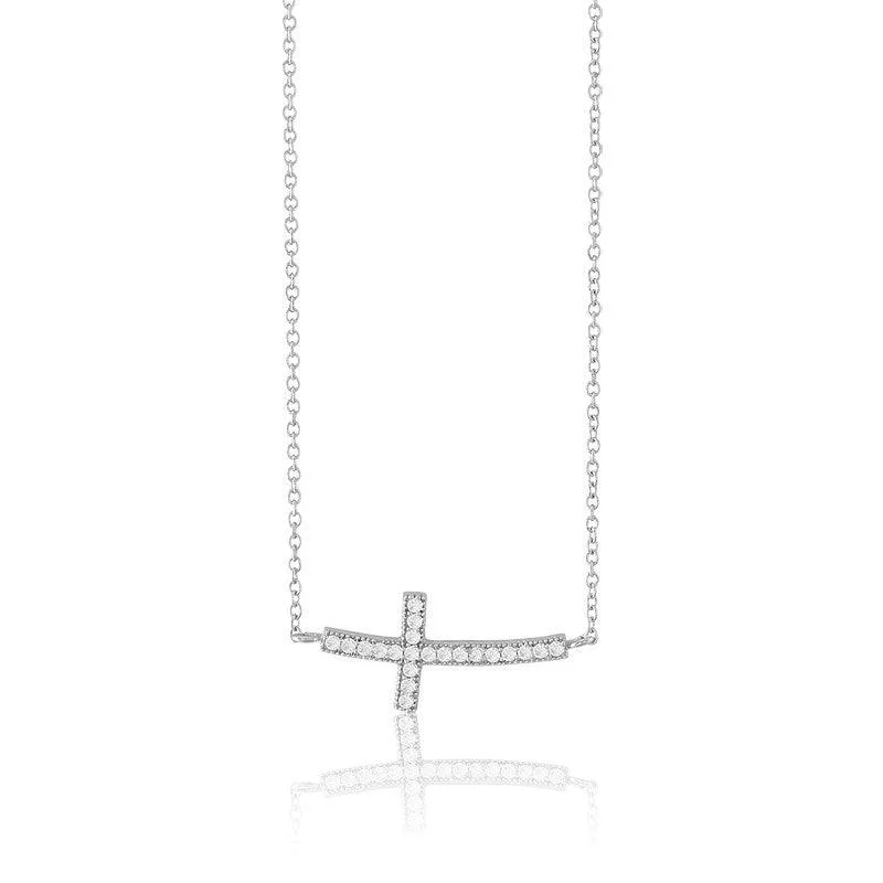 Sterling Silver Curved Sideways Cross CZ Necklace