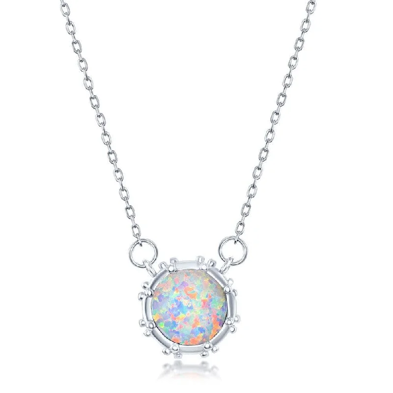 Sterling Silver White Opal Disc with Studded Border Necklace