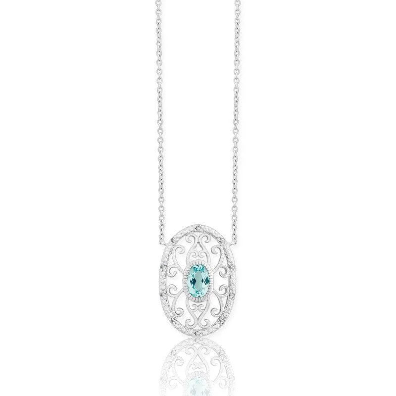 Sterling Silver Blue Topaz Oval Diamond Necklace