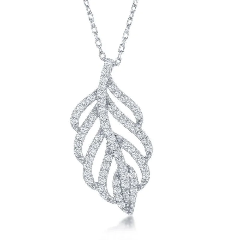 Sterling Silver Open Cubic Zirconia Leaf Design Necklace