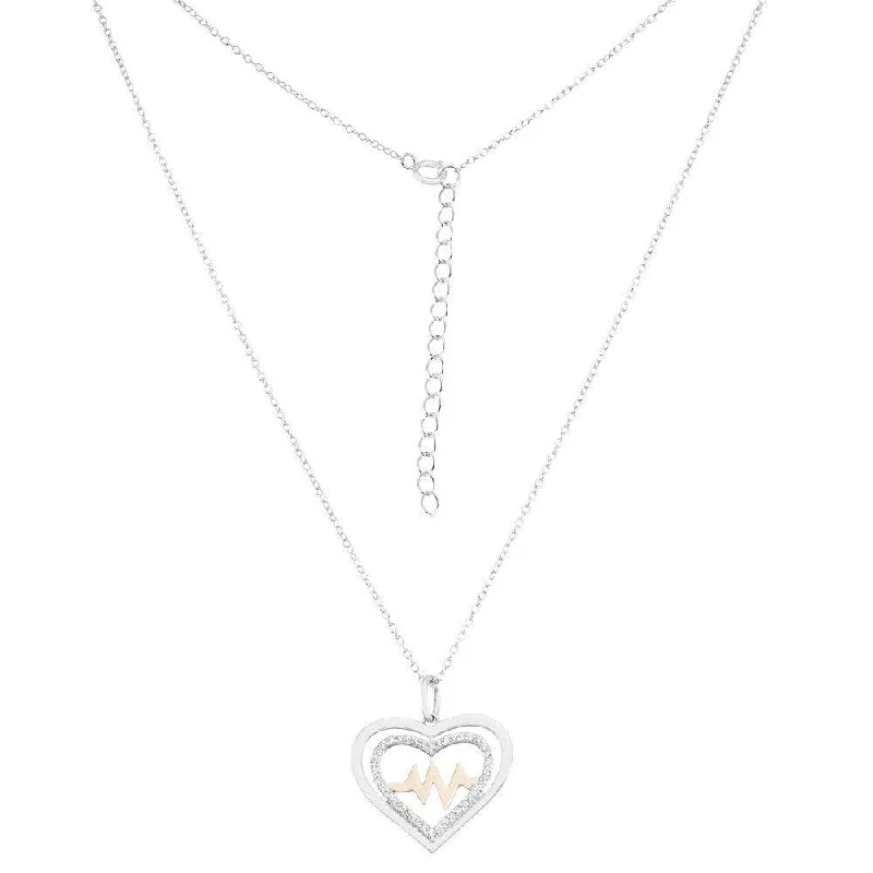 Sterling Silver Shiny and CZ Open Heart with Center Heartbeat Necklace