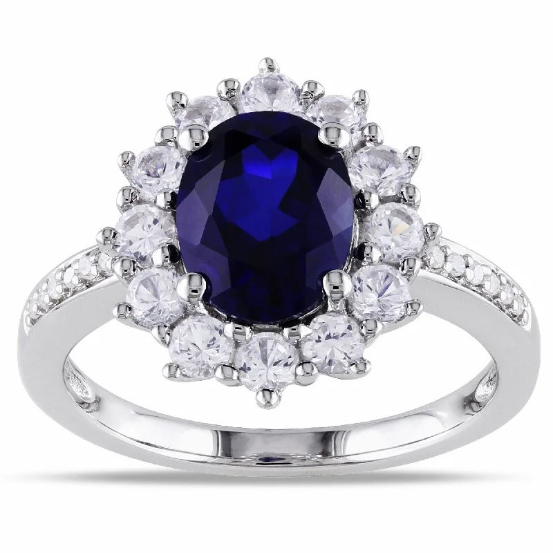 4ct TGW Created Blue and White Sapphire Diamond Halo Ring in Sterling Silver by Miadora