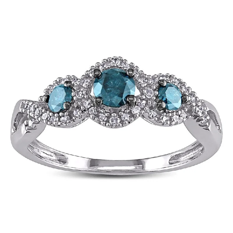 Miadora 1/2ct Blue and White Diamond TW 3 Stone Ring 14k White Gold Rhodium Plated