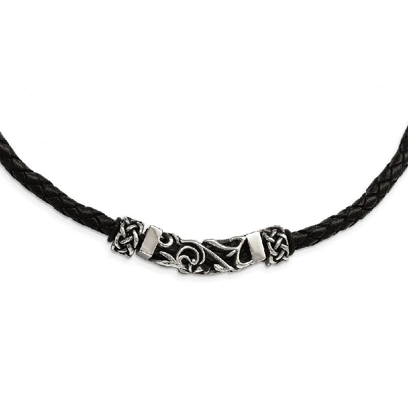 Stainless Steel Black Leather w/Antiqued Beads Necklace