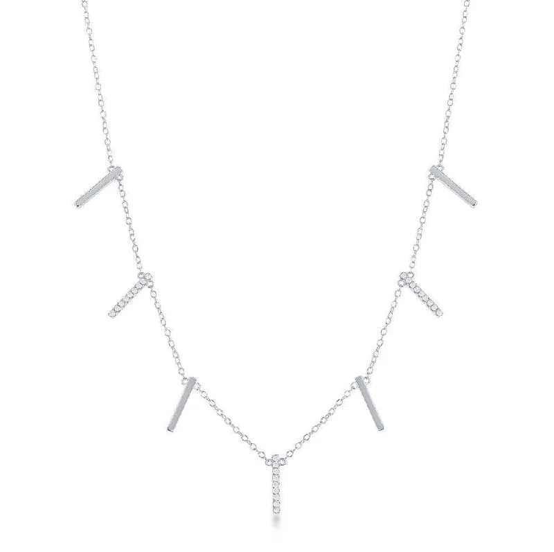 Sterling Silver Alternating Plain & CZ Vertical Bars Necklace