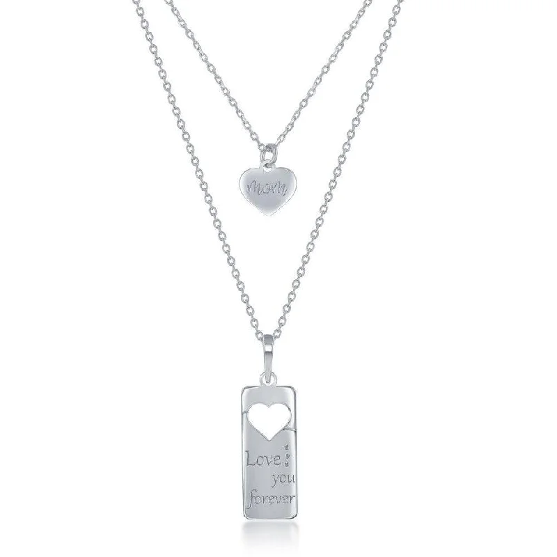 Sterling Silver 2PC Tag Heart Necklace Set - 16+2 Inch  Love You Forever Tag & 14+2 Mom Heart