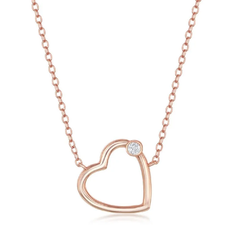 Sterling Silver Rose Gold Plated Heart with Single CZ Necklace