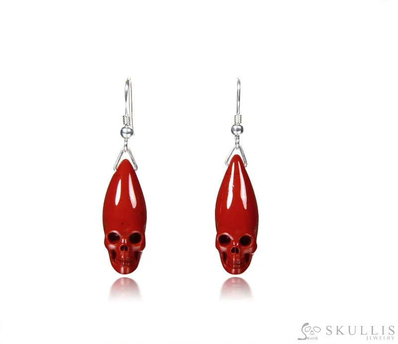 Gem Skull  Earrings of Red Jasper Carved Skulls, 925 Sterling Silver