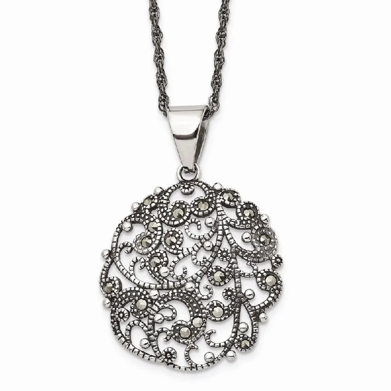 Stainless Steel Marcasite Textured Circle Necklace